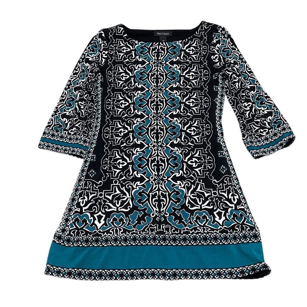White House Black Market Dress Women XS Teal Blue Black Geometric Stretch Boho